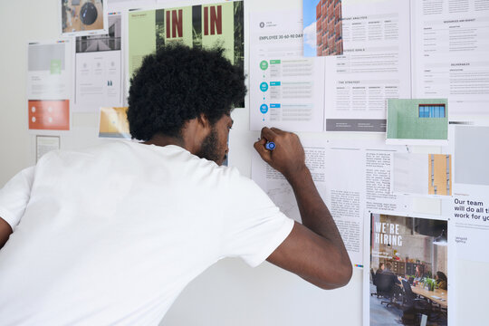 Creative designer standing in front of a moodboard of pending business projects writing notes to improve designs.