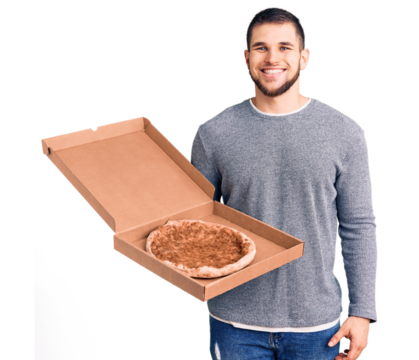 Young handsome man holding delivery italian pizza looking positive and happy standing and smiling with a confident smile showing teeth