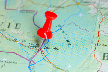 Puerto Suárez, Bolivia pin on map - obrazy, fototapety, plakaty