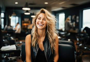 Radiant young woman with a joyful smile in a modern indoor setting, exuding confidence and casual style.