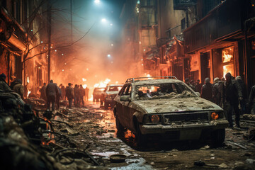 A haunting image showcasing the aftermath of urban destruction with a burnt car and people amidst the ruins at night.