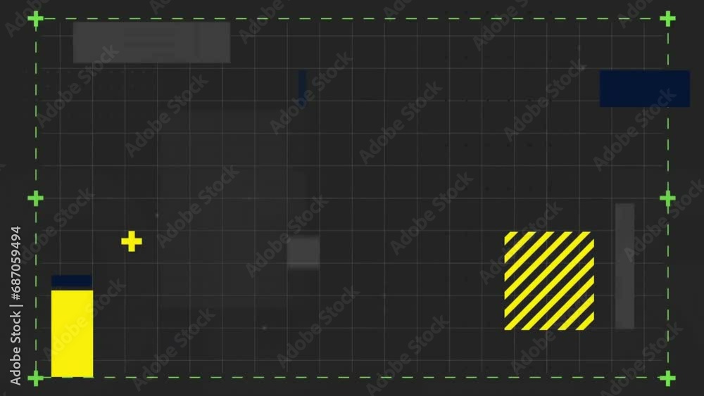 Poster animation of lines forming squares, bar and grid pattern with falling squares over gray background