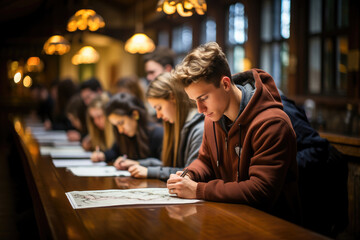 A group of students is deeply focused on studying and taking notes at a long wooden table in a traditional library setting.