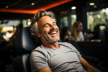 Joyful mature man with gray hair and a beard laughing in a casual indoor setting, exuding happiness and relaxation. - obrazy, fototapety, plakaty
