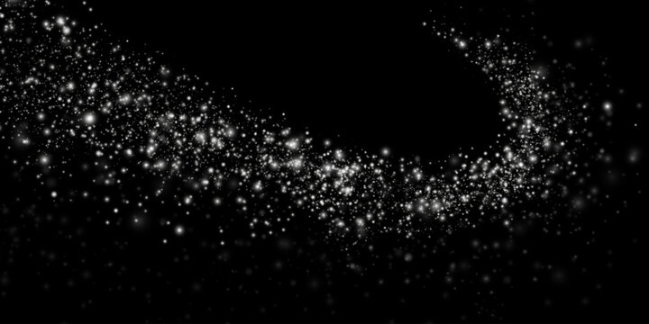 White png dust light. Bokeh light lights effect background. Christmas background of shining dust Christmas glowing light bokeh confetti and spark overlay texture for your design.	