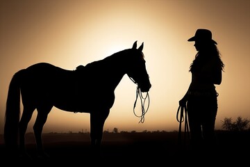 Silhouette of a cowgirl and her horse at sunset.