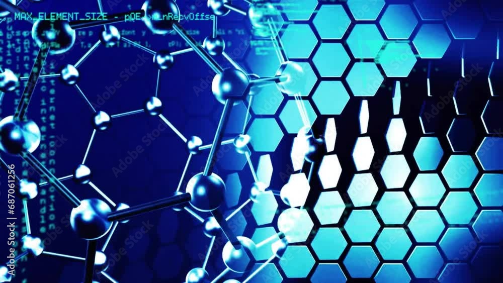 Poster animation of connected circles, hexagons and computer language over blue background