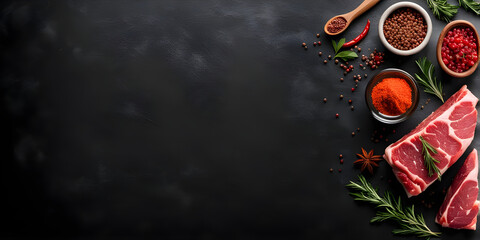 Raw meat with spices, herbs on dark background.