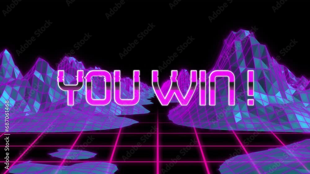 Poster animation of you win text over mountains on grid pattern against black background