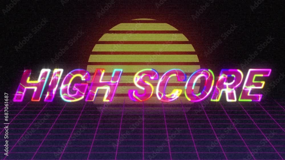 Poster animation of high score text on grid pattern and sun against black background