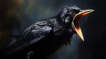 Fotobehang A black bird with its mouth open © UsamaR
