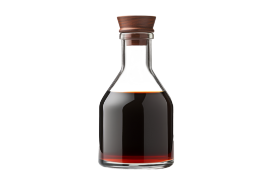 Glass bottle with soy sauce with cork isolated on white background.generative ai