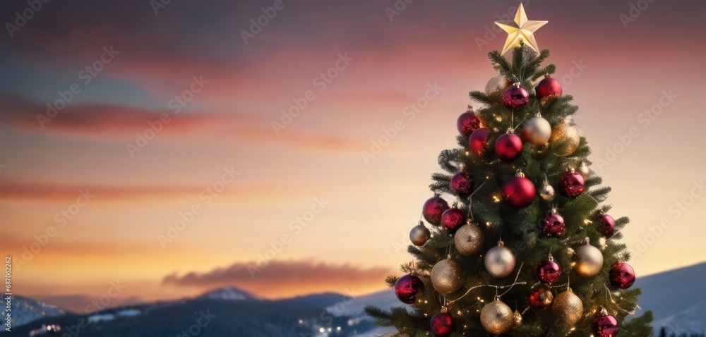Poster a christmas tree in front of a building with a clock tower in the foreground and a christmas tree in