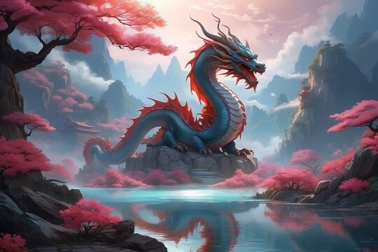 Red Dragons in a fantastically beautiful world with a lake, pink flowering trees, high rocky mountains. The symbol of the year 2024 is an illustration.
