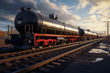 Fototapeta na wymiar Train on the tracks with fuel tanks. Black large tank cars with fuel or other substance on the tracks.generative ai