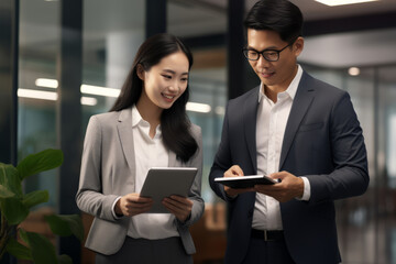 Business partners or employees of finance office, IT sphere, bankers asian beauty man and woman share information about company or discuss financial plan with tablets in hand in office.generative ai
