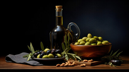 A bottle of olive oil with olives