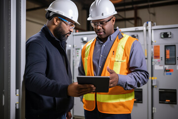 Confident maintenance engineers conduct a discussion with a tablet at a power plant or other building or company premises. Team engineer working on a project.generative ai - obrazy, fototapety, plakaty
