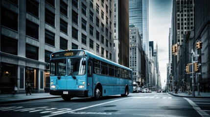Blue Bus Beside Skyscrapers Photography