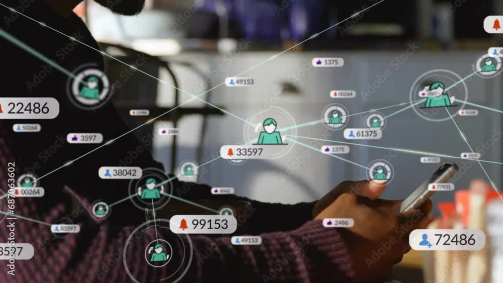 Poster animation of network of connections with icons over biracial businessman using smartphone