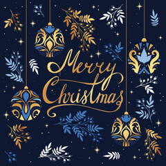 Merry Christmas greeting card. Floral frame and background design. Poster, holiday cover. 