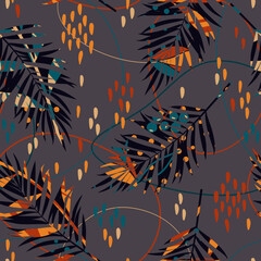 Tropical pattern with multicolored hand drawn leaves and lines. Abstract pattern