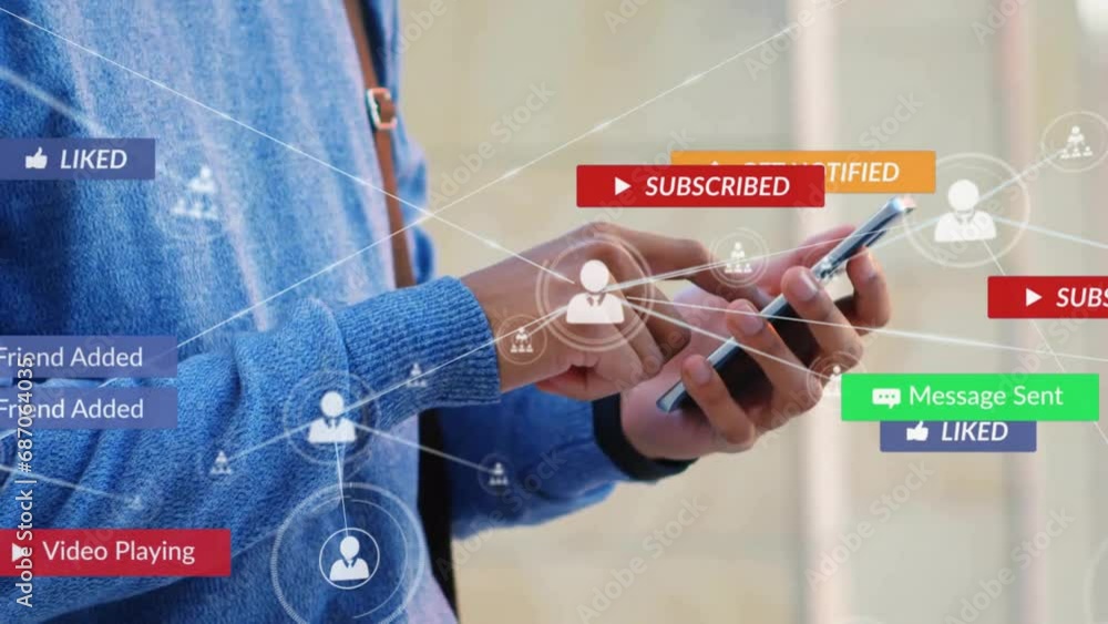 Poster animation of network of connections with icons over biracial businessman using smartphone