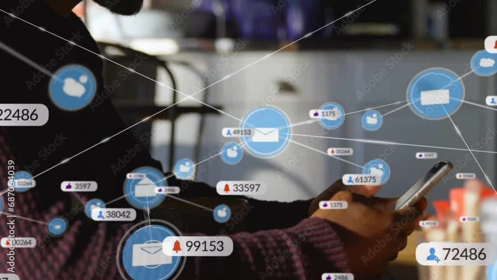 Poster animation of network of connections with icons over biracial businessman using smartphone