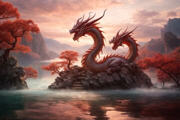 Dragons in a fantasy world. - obrazy, fototapety, plakaty