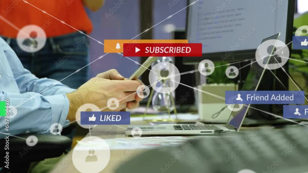 Aufkleber animation of network of connections with icons over caucasian businessman using smartphone