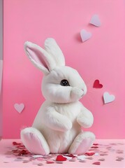 Stuffed bunny with heart-shaped baloon, Valentine's Day greeting card, pink background, heart-shaped confetti. Generative AI