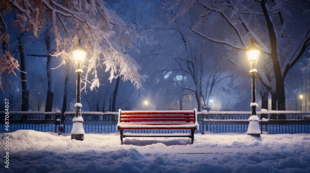 Poster a park bench in front of a building with snow on the ground and a bench in front of the building.