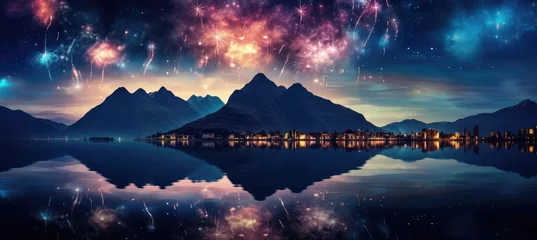 Fotobehang  A breathtaking panorama of Vibrant Fireworks. Generativ AI. © Dimitar