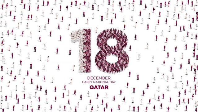 Happy National Day Qatar. A large group of people form to create number 18 as Qatar celebrates it’s National Day on the 18th December. 4K animation video.