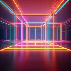 Vibrant 3D render capturing an empty room with floor reflections and an abstract neon background.