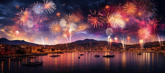  A breathtaking panorama of Vibrant Fireworks. Generativ AI. - obrazy, fototapety, plakaty