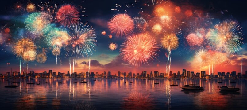  A breathtaking panorama of Vibrant Fireworks. Generativ AI.