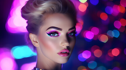 Beautiful girl with trendy make-up in colorful bright lights. generative ai.