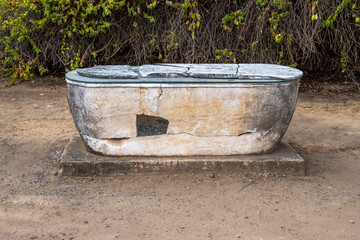 Roman stone and marble tomb from the Los Columbarios funerary area in Mérida, Spain.