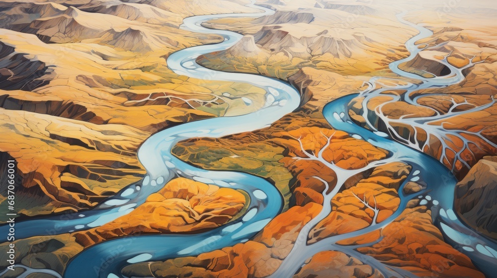 Poster a river running through a valley with mountains in the background and a river running through the va