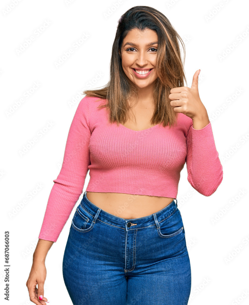 Sticker beautiful brunette woman wearing casual clothes smiling happy and positive, thumb up doing excellent