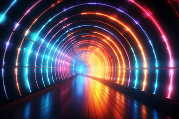 Tunnel of random colored lights shining brightly in the dark backdrop.