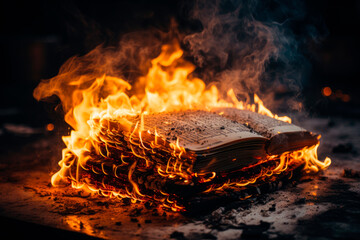 Stack of books burning.Forbidden literature on bonfire. - Powered by Adobe
