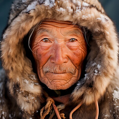 Elderly Inuit man in traditional fur clothing, portrait.
