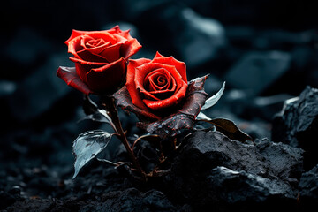 Two most beautiful red roses growing in a polluted environment. Crude oil on a rose petals.