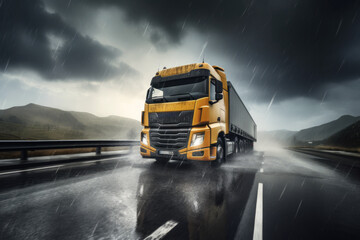Yellow semi-trailer truck speeding on asphalt road in rainy weather, front view, transport and forwarding concept.generative ai