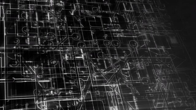 Abstract electronic circuits loop. Technology background animation. Black and white stylized circuit boards, depicting computers, networks.