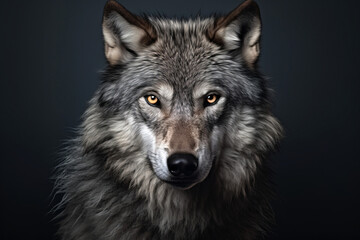 Portrait of a wolf looking straight on a dark background, close up view.generative ai