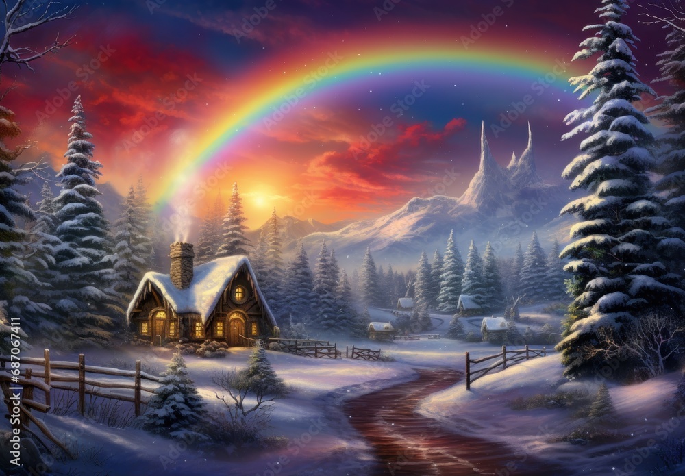 Poster a picture of a snow scene with a snowman and a christmas tree and a snowman and a picture of a snowm