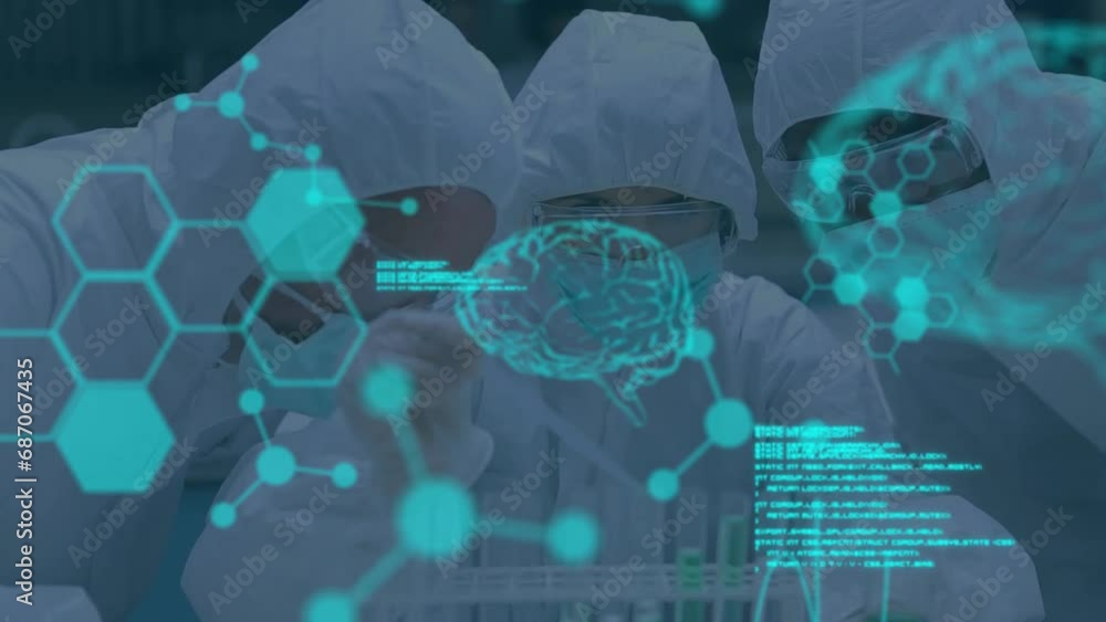 Aufkleber animation of scientific data processing over diverse scientists in laboratory